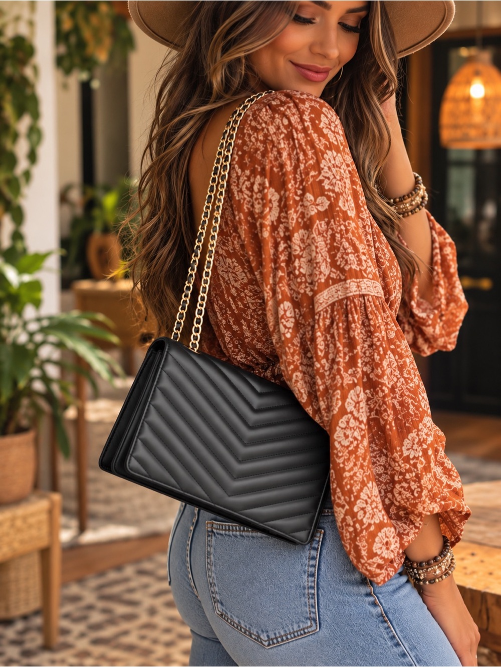 Brooks Brothers Black Quilted Chevron Crossbody with Gold Chain